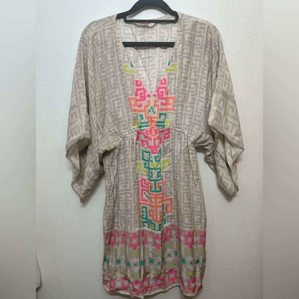 ALICE & TRIXIE S Silk Kimono Sleeve Dress White Silver Patterned V Neck